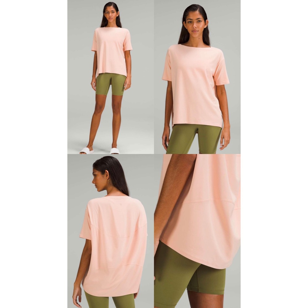 Lululemon Back in Action Short Sleeve Shirt Peach Size 12 Curved Hem Relaxed Fit